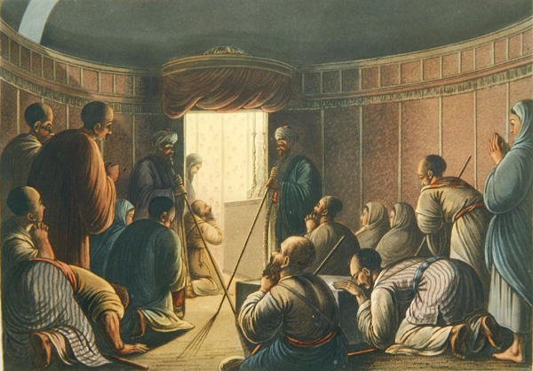 Wejście do Kaplicy Grobu Świętego, z „Widoków w Palestynie”, drukowany Londyn 1804 (kolor lito) autorstwa Luigi (after) Mayer