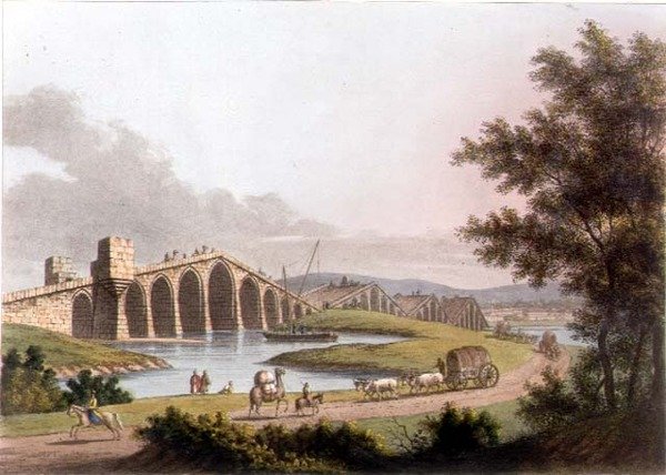 Ponte Grande w Rumunii, tablica 10 z „Widoków w dominiach osmańskich”, wyd. przez R. Bowyera autorstwa Luigi (after) Mayer