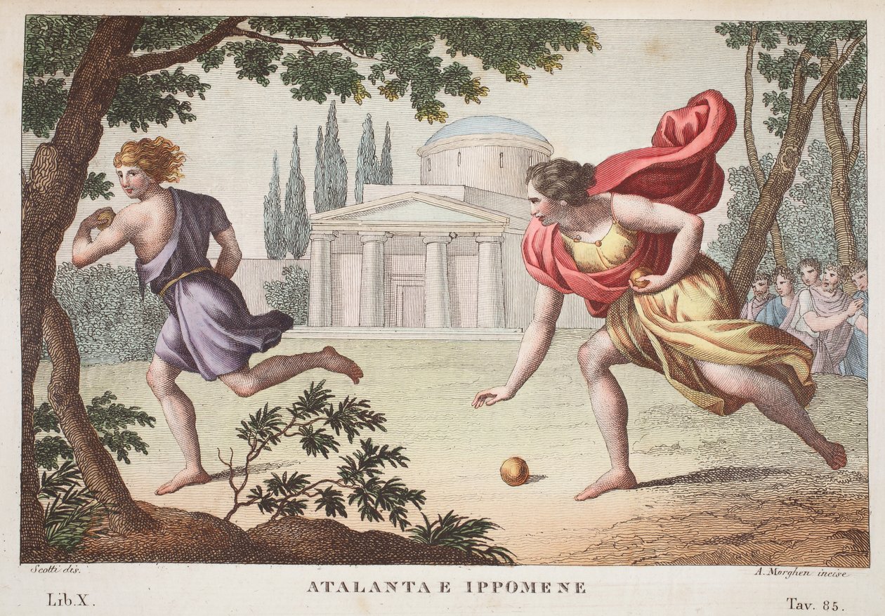 Atalanta i Hippomenes lub Atalanta e Ippomene, Księga X, ilustracja z Metamorfoz Owidiusza, Florencja, 1832 (rycina ręcznie kolorowana) autorstwa Luigi Ademollo