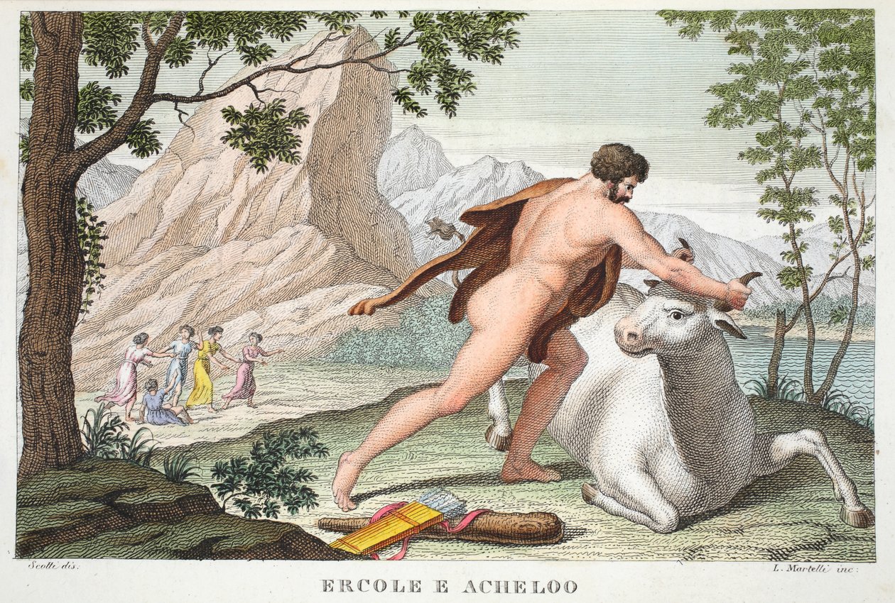 Herkules i Achelous lub Ercole e Acheloo, Księga IX, ilustracja z Metamorfoz Owidiusza, Florencja, 1832 (rycina ręcznie kolorowana) autorstwa Luigi Ademollo