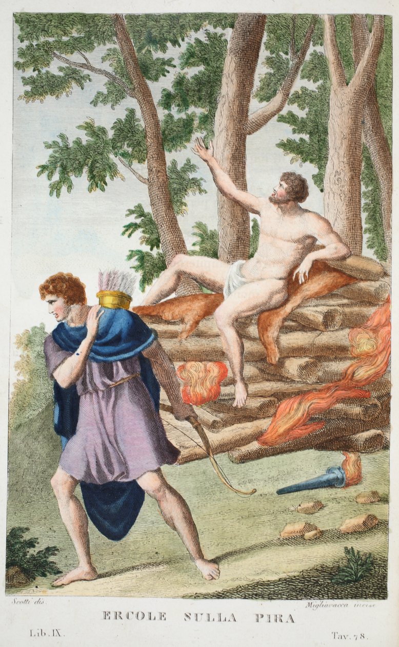 Herkules na stosie lub Ercole sulla Pira, księga IX, ilustracja z Metamorfoz Owidiusza, Florencja, 1832 (rycina ręcznie kolorowana) autorstwa Luigi Ademollo