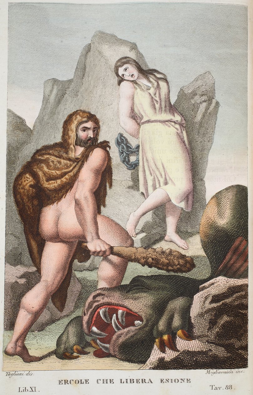 Herkules ratuje Hesione lub Ercole che Libera Enione, Księga XI, ilustracja z Metamorfoz Owidiusza, Florencja, 1832 (rycina ręcznie kolorowana) autorstwa Luigi Ademollo