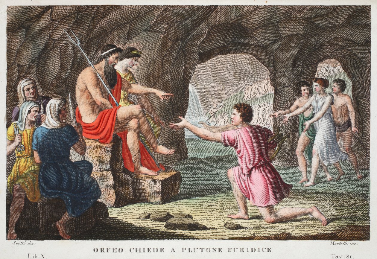 Orfeusz w piekle lub Orfeusz Chiede Eurydyka plutonowa, księga X, ilustracja z Metamorfoz Owidiusza, Florencja, 1832 (rycina ręcznie kolorowana) autorstwa Luigi Ademollo