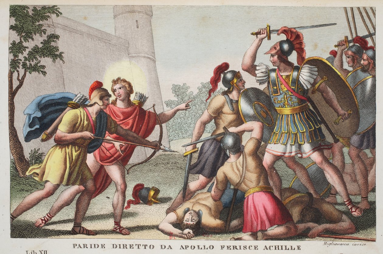 Paryż zabija Achillesa lub Paride diretto da Apollo Ferince Achille, księga XIII, ilustracja z Metamorfoz Owidiusza, Florencja, 1832 (rycina ręcznie kolorowana) autorstwa Luigi Ademollo