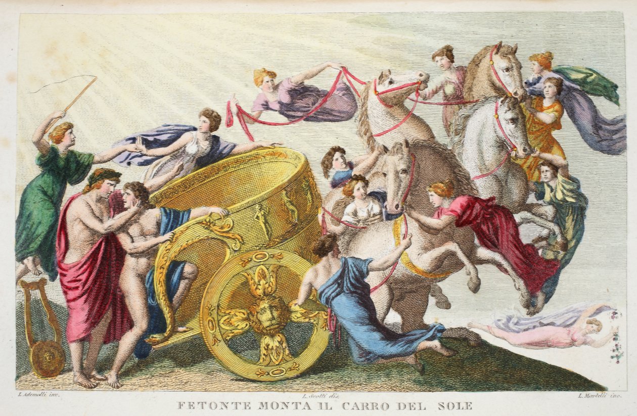 Faeton prowadzi rydwan słońca lub Fetonte Monta il Carro del Sole, księga II, ilustracja z Metamorfoz Owidiusza, Florencja, 1832 r. (rycina ręcznie kolorowana) autorstwa Luigi Ademollo