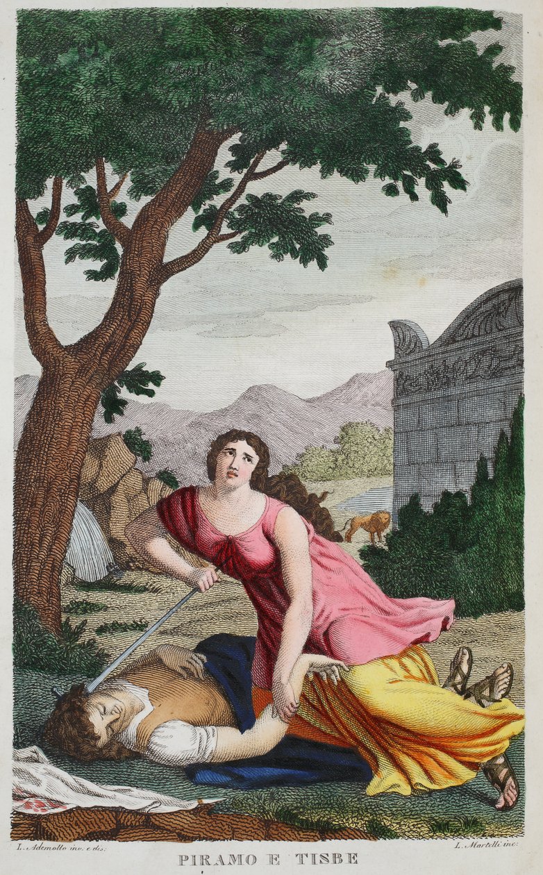 Pyramus i Thisbe lub Piramo e Tisbe, księga IV, ilustracja z Metamorfoz Owidiusza, Florencja, 1832 (rycina ręcznie kolorowana) autorstwa Luigi Ademollo