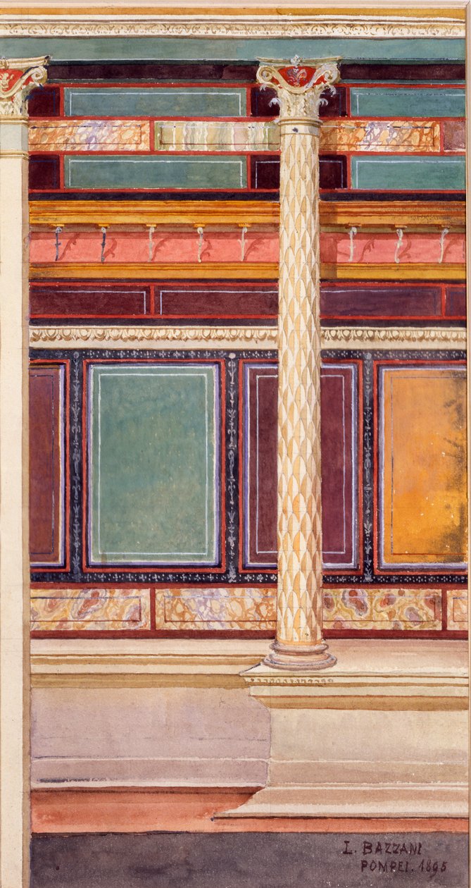 Fresk w stylu architektonicznym w cubiculum, Dom Srebrnego Wesela, Pompeje, 1897 autorstwa Luigi Bazzani