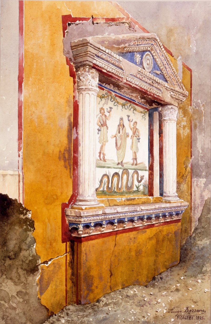 Lararium ołtarza rodzinnego, widziane in situ po wykopaliskach, Dom Aulus Vettius, Pompeje, c.36-39 AD, 1895 autorstwa Luigi Bazzani