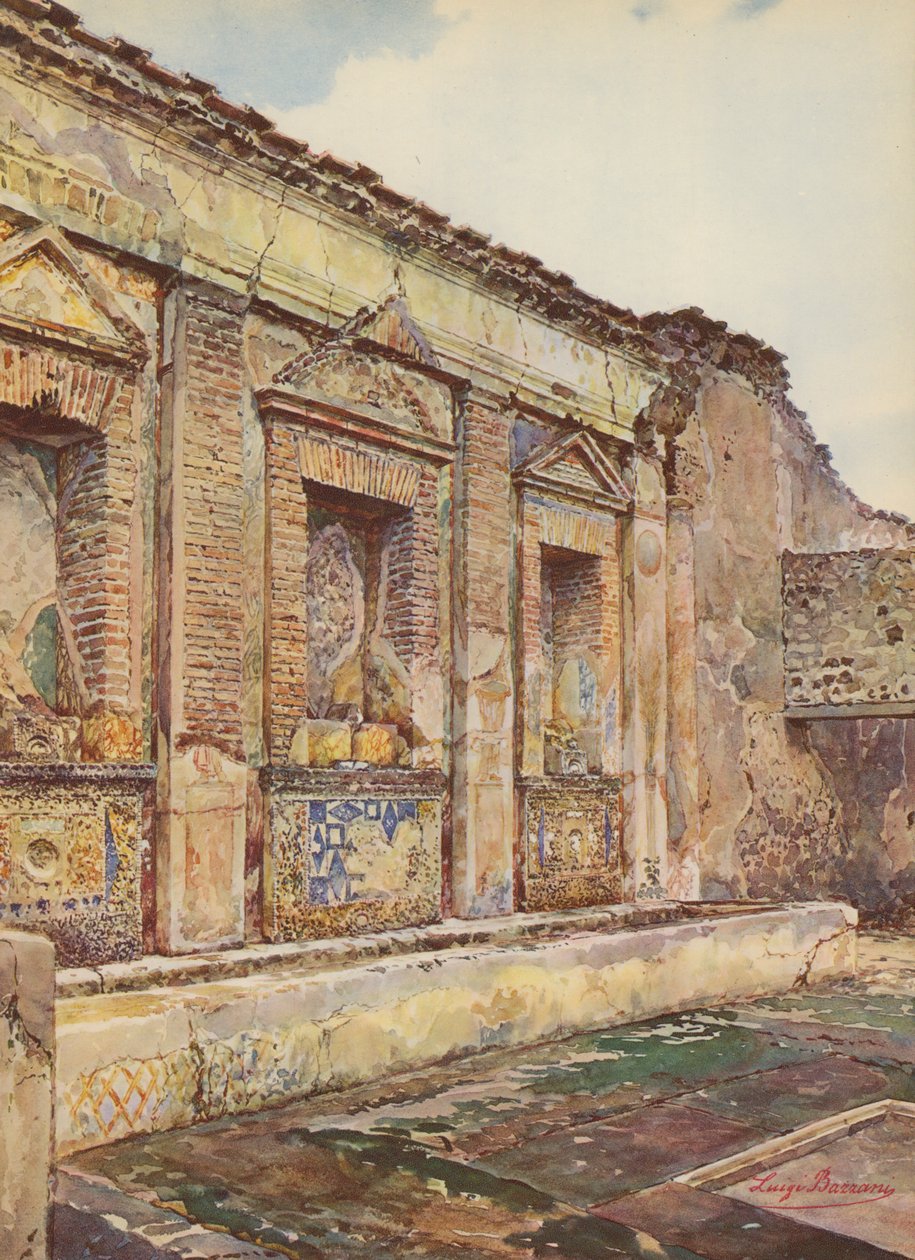 Pompeje: Casa del Torello, widok architektoniczny Nymphaeum (kolorowa litografia) autorstwa Luigi Bazzani