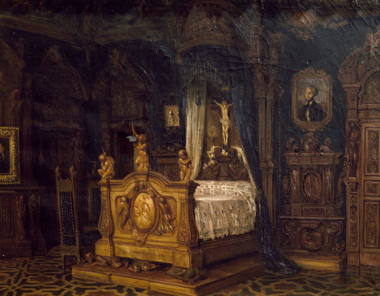 Wnętrze sypialni szlachcica Gian Giacomo Poldi Pezzoli, ok. 1860 autorstwa Luigi Bisi