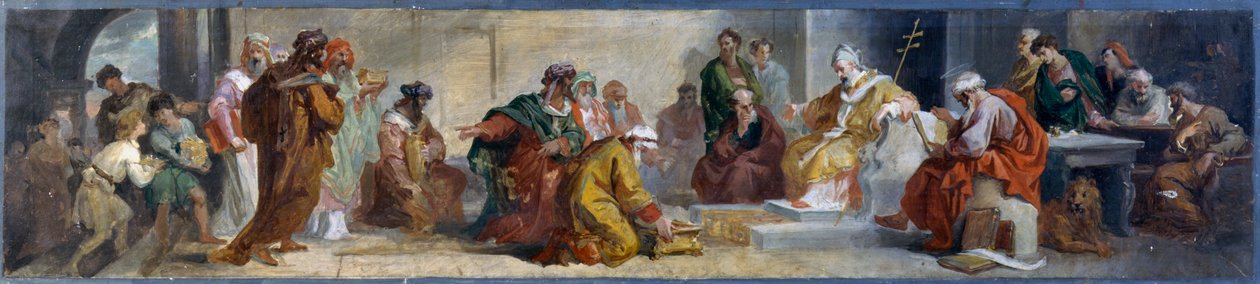 Papież Damazy przyjmujący osobistości ze Wschodu, autor: Luigi Fontana (1827-1908), szkic przygotowawczy do fresków w bazylice San Lorenzo in Damaso w Rzymie, Włochy autorstwa Luigi Fontana