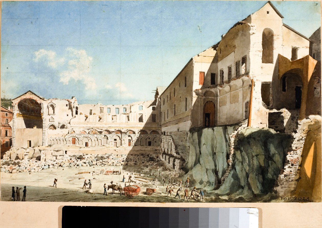 Plac budowy rozbiórki kościoła i klasztoru św. Dominika w Genui (Akwarela, ok. 1825) autorstwa Luigi Garibbo