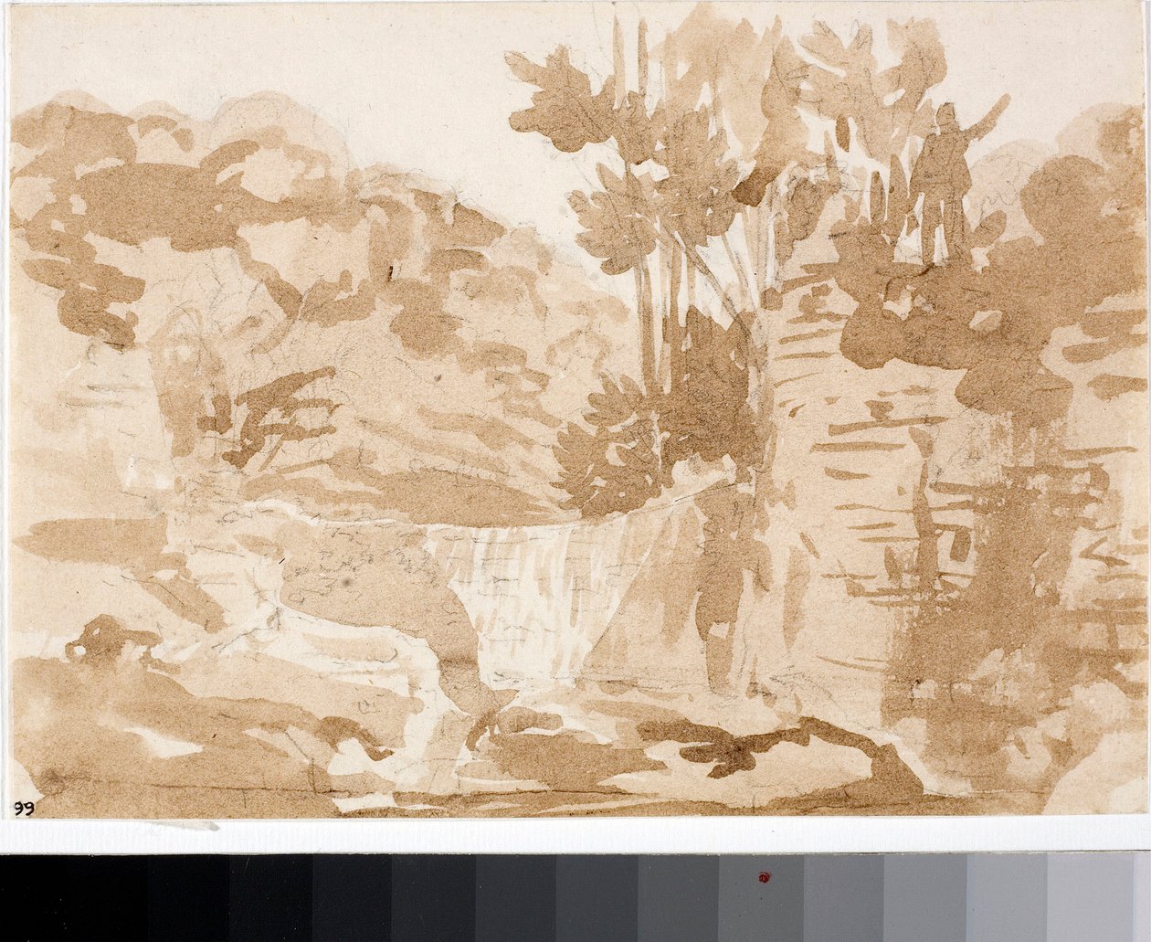 Krajobraz z wodospadami w Settignano, Toskania (Akwarela, ok. 1820) autorstwa Luigi Garibbo