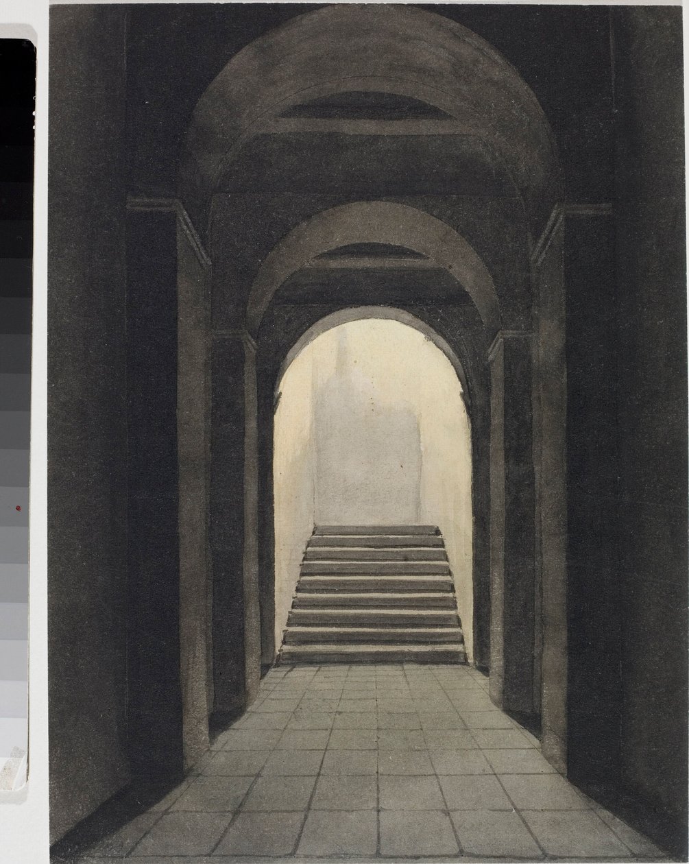 Perspektywa korytarza w klasztorze kapucynów w Genui (akwarela, ok.1825) autorstwa Luigi Garibbo