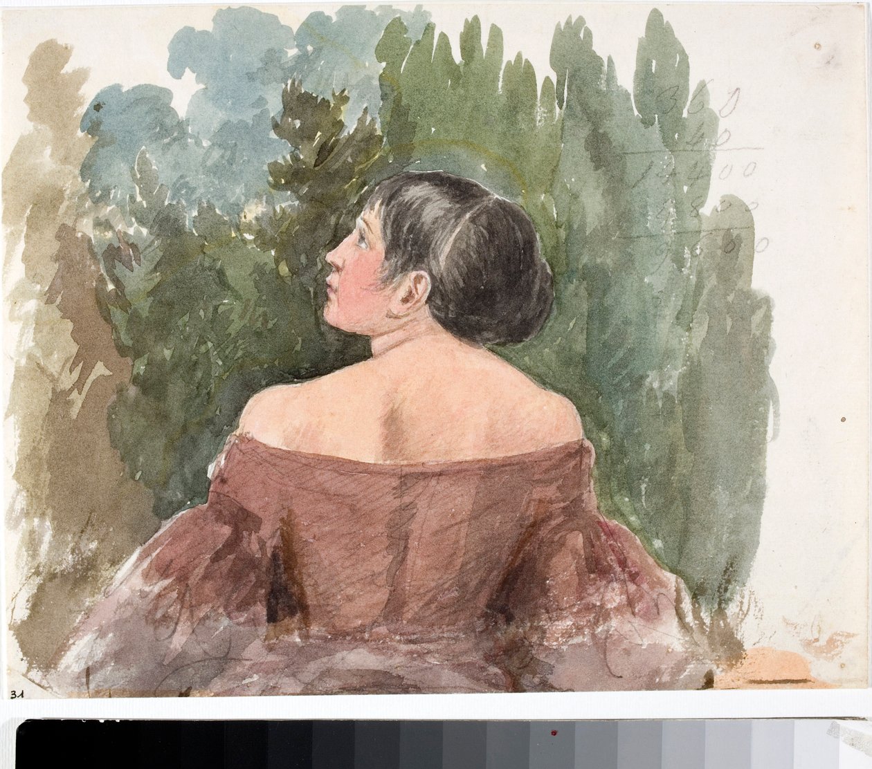 Portret młodej kobiety od tyłu (akwarela, ok. 1825) autorstwa Luigi Garibbo