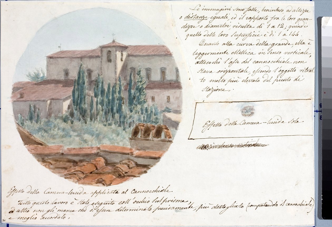 Widok teleskopowy kościoła San Salvatore al monte w pobliżu Florencji (Rysunek i akwarela, ok. 1833) autorstwa Luigi Garibbo