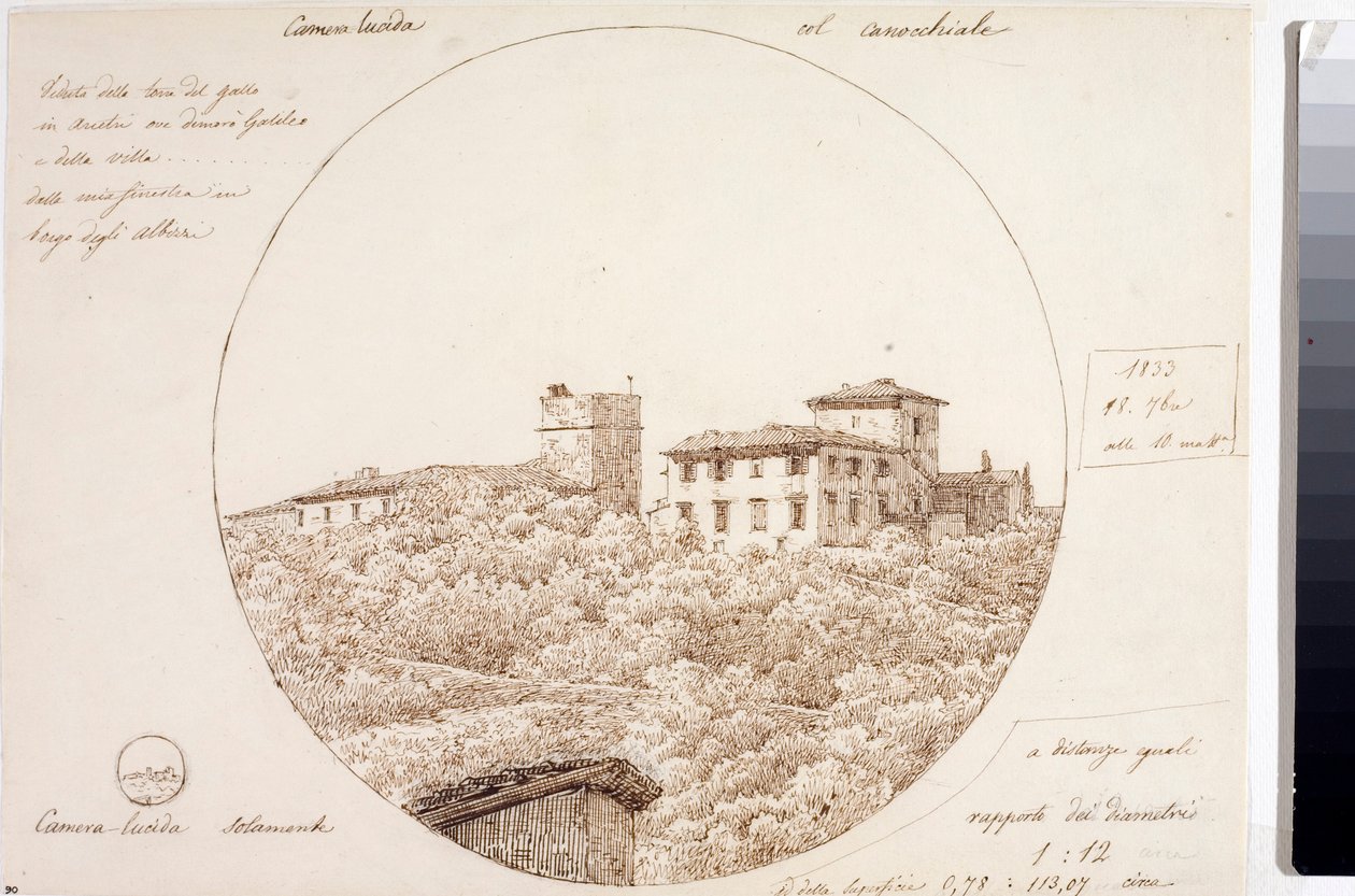 Widok teleskopowy Torre del Gallo w Arcetri niedaleko Florencji (Rysunek, ok. 1833) autorstwa Luigi Garibbo
