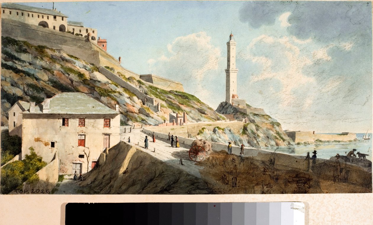 Lanterna, latarnia morska miasta Genua (Akwarela, ok. 1825) autorstwa Luigi Garibbo