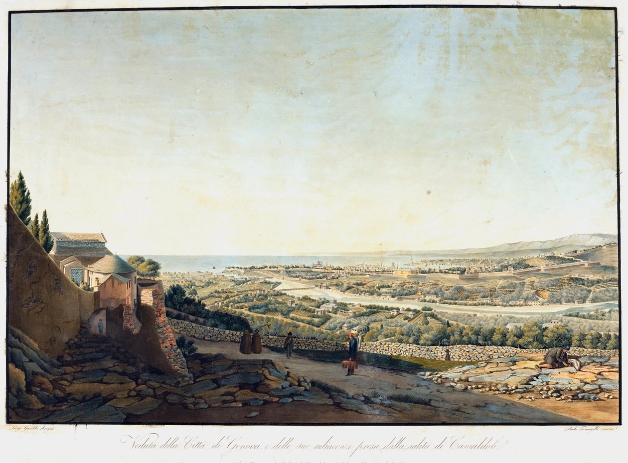 Widok na Genuę i okolice z drogi do Camaldoli (Etching autorstwa Luigi Garibbo