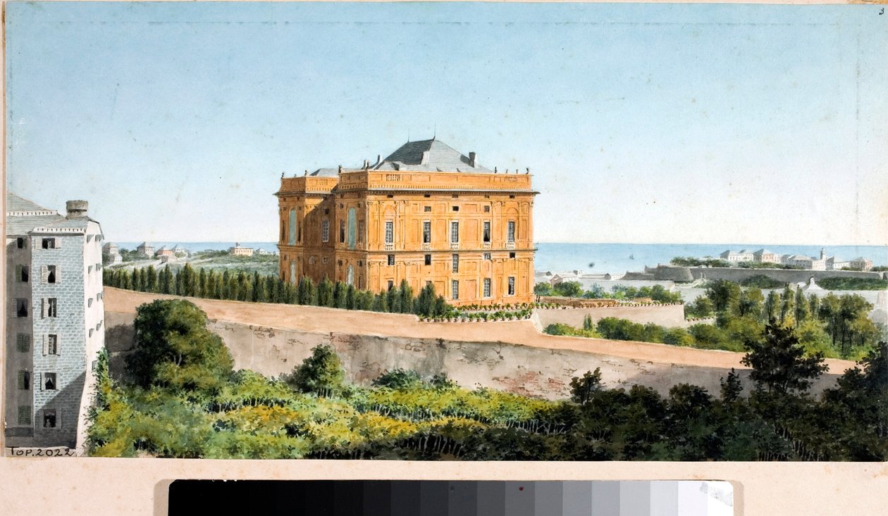Widok na Palazzo Pallavicini zwany Palazzo delle Peschiere, Genua (Akwarela, ok. 1825) autorstwa Luigi Garibbo