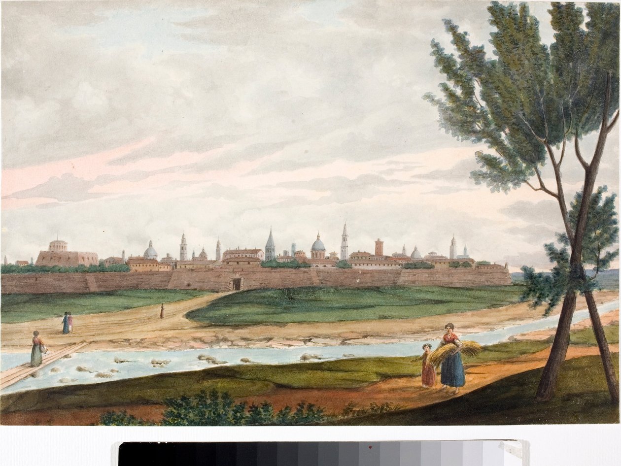 Widok miasta otoczonego murami, prawdopodobnie Lukka w Toskanii (Atrament i akwarela, ok. 1820) autorstwa Luigi Garibbo
