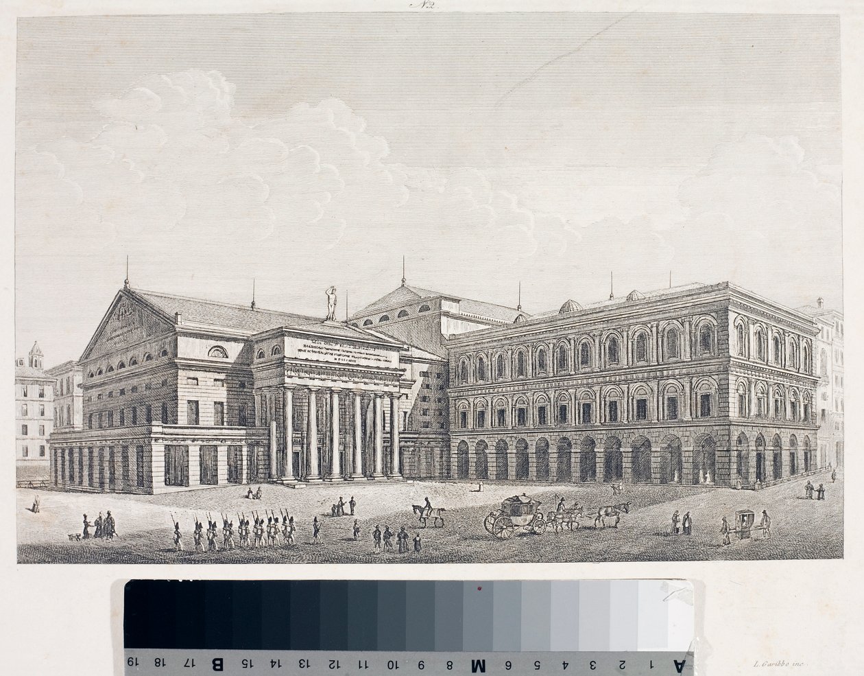 Widok Teatru Carlo Felice i Pałacu Akademii w Genui (Etching autorstwa Luigi Garibbo