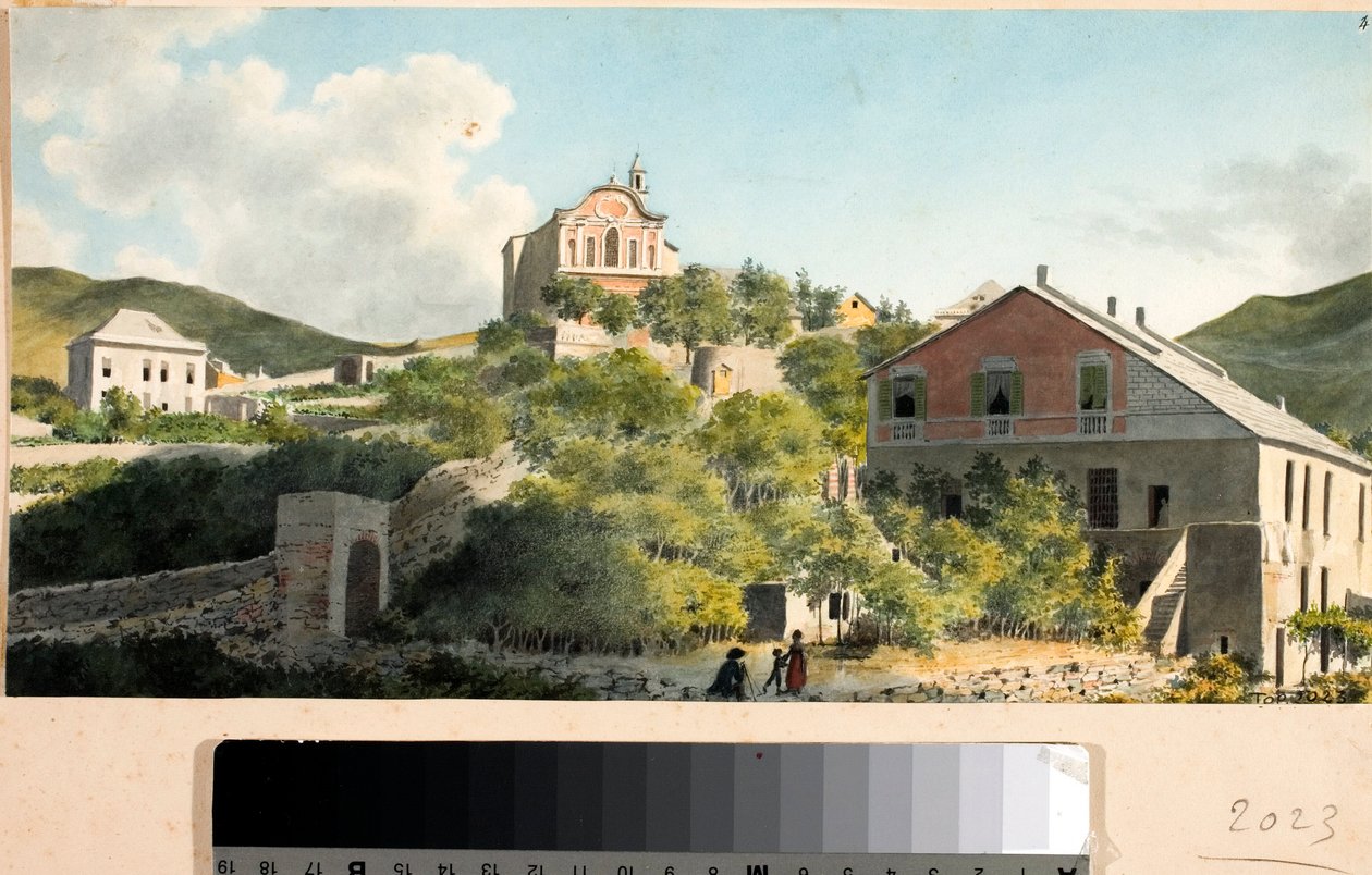 Widok na wzgórze i kościół Oregina, Genua (akwarela, ok. 1825) autorstwa Luigi Garibbo