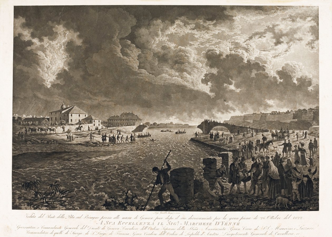 Widok na most Pila w Genui po zalaniu potoku Bisagno 26.10.1822 r. (Akwaforta, ok.1822) autorstwa Luigi Garibbo