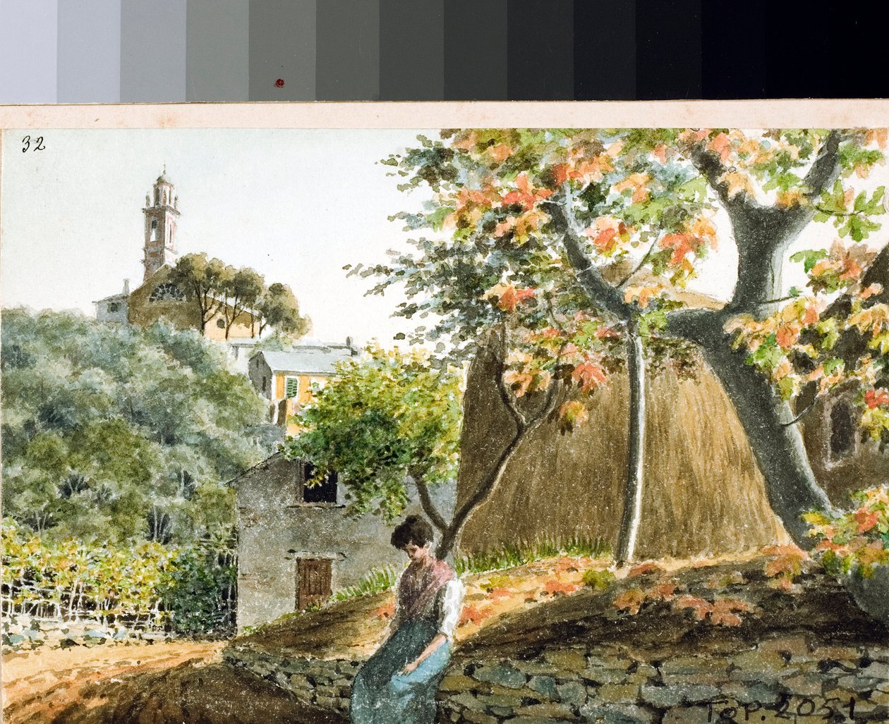 Widok kościoła San Bartolomeo na górze Staglieno, Genua (Rysunek i akwarela, ok. 1825) autorstwa Luigi Garibbo