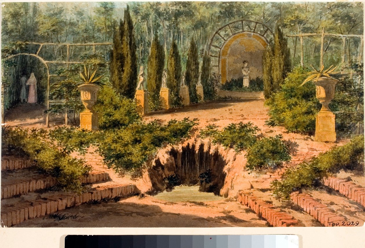 Widok na ogród willi Doria a Pegli niedaleko Genui (Akwarela, ok. 1825) autorstwa Luigi Garibbo