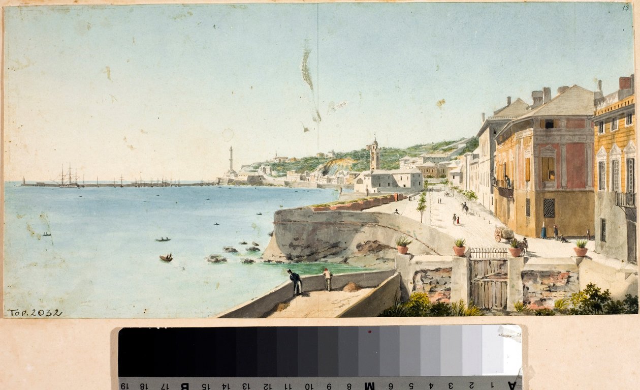 Widok na port w Genui z Lanterną, latarnią morską miasta, bastionami i kościołem San Teodoro (Akwarela autorstwa Luigi Garibbo