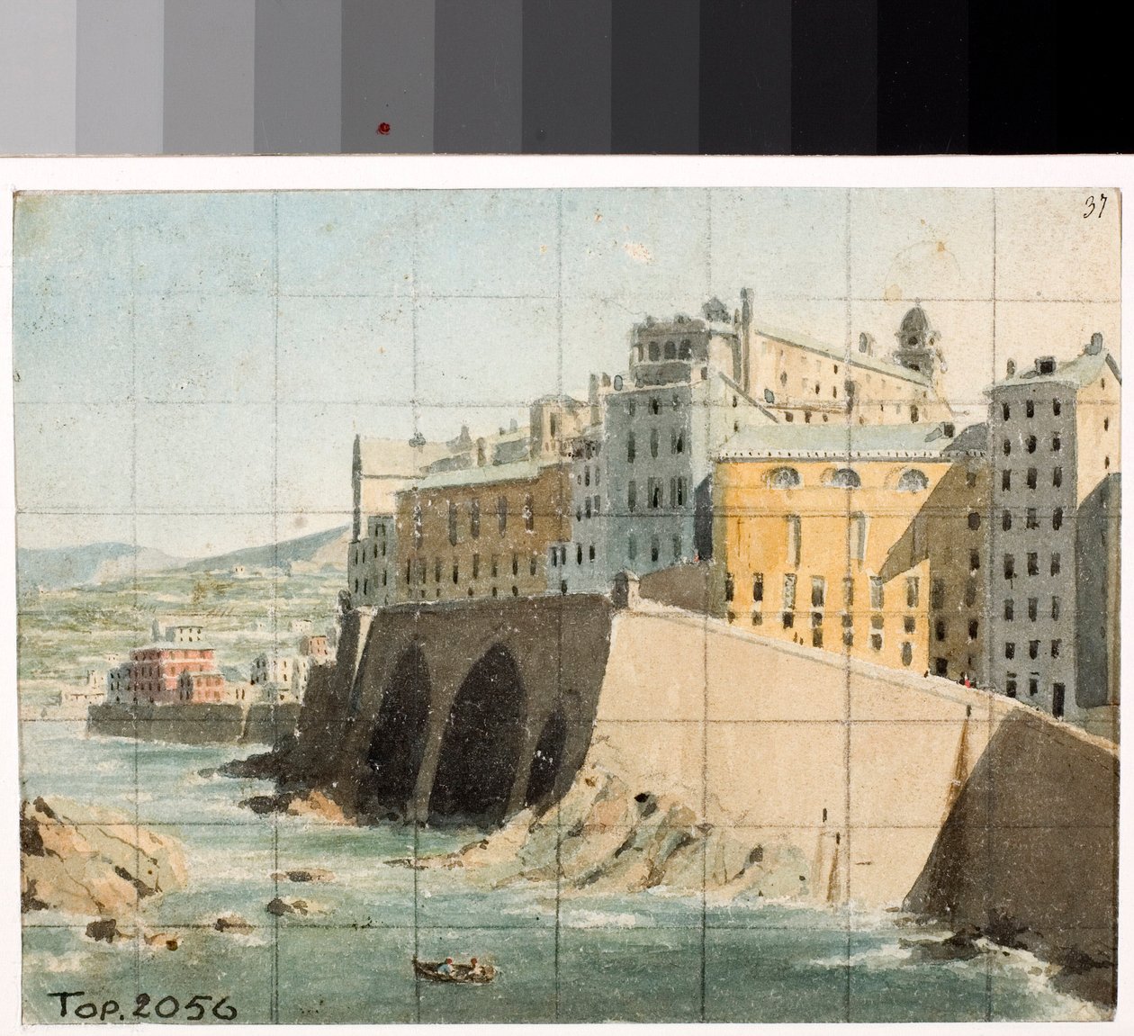 Widok murów na morze w Genui (Akwarela, ok. 1822) autorstwa Luigi Garibbo