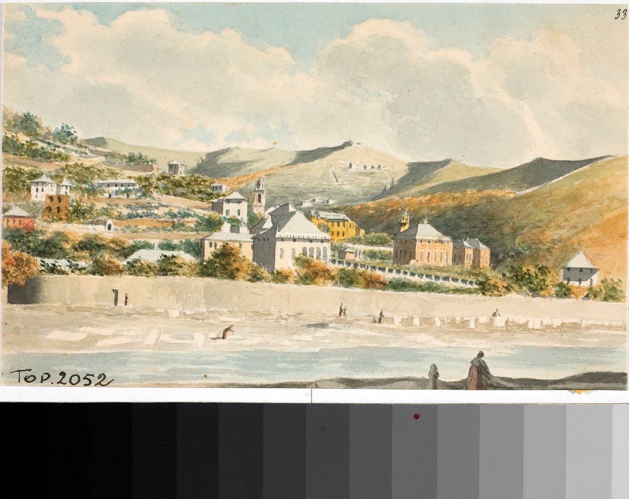 Widok na wzgórze Marassi z dzwonnicą kościoła Santa Margherita w pobliżu Genui (Akwarela, ok. 1825) autorstwa Luigi Garibbo