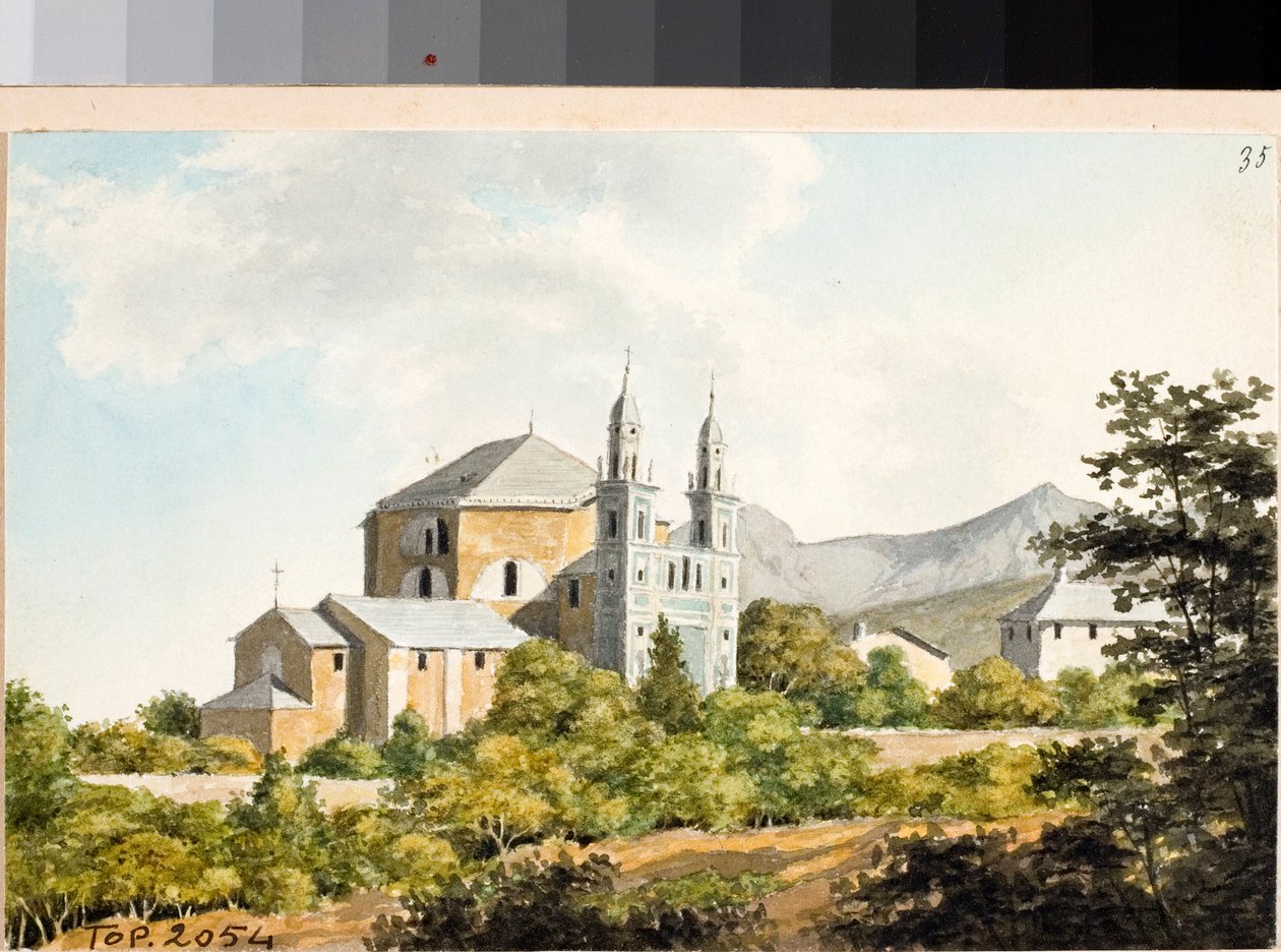 Widok na kościół ss Nazariusza i Celsusa w Arenzano, Genua (Akwarela, ok. 1825) autorstwa Luigi Garibbo