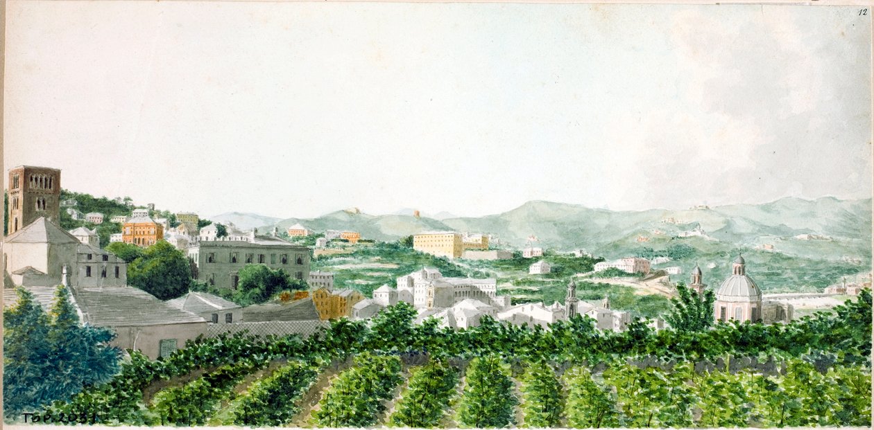 Widok na Genuę z dzwonnicą Santo Stefano (Akwarela, ok. 1825) autorstwa Luigi Garibbo