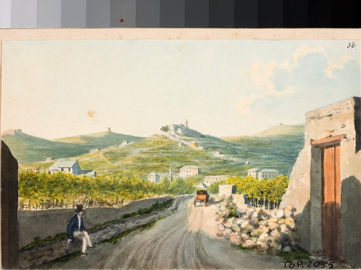 Widok na sanktuarium Nostra Signora del Monte, Genua (Akwarela, ok. 1825) autorstwa Luigi Garibbo