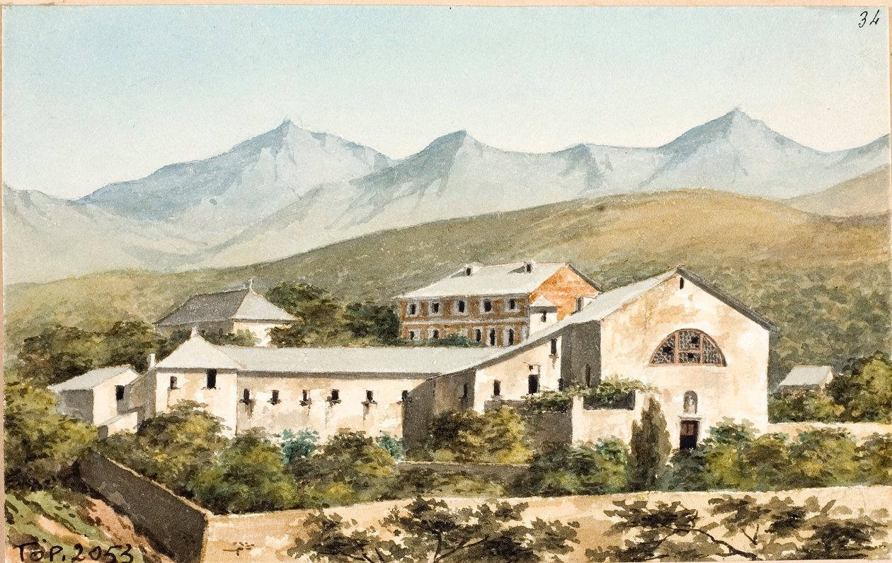 Widok na sanktuarium Nostra Signora del Monte, Genua (akwarela, ok. 1825) autorstwa Luigi Garibbo