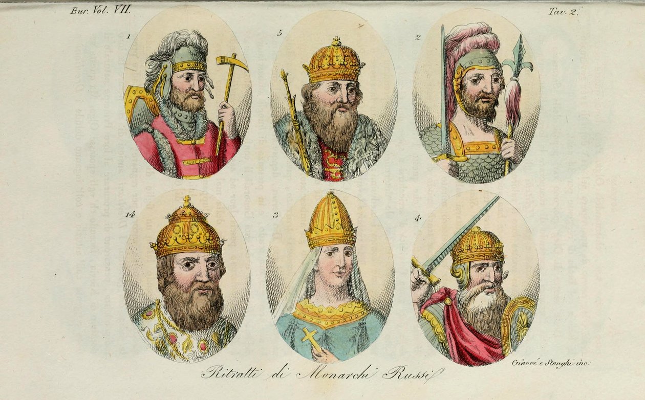 1. Ruryk 2. Igor z Kijowa 3. Olga 4. Światosław 5. Włodzimierz Wielki 14. Iwan IV z Il costume antico Giulio Ferrario, 1831 autorstwa Luigi Giarrè