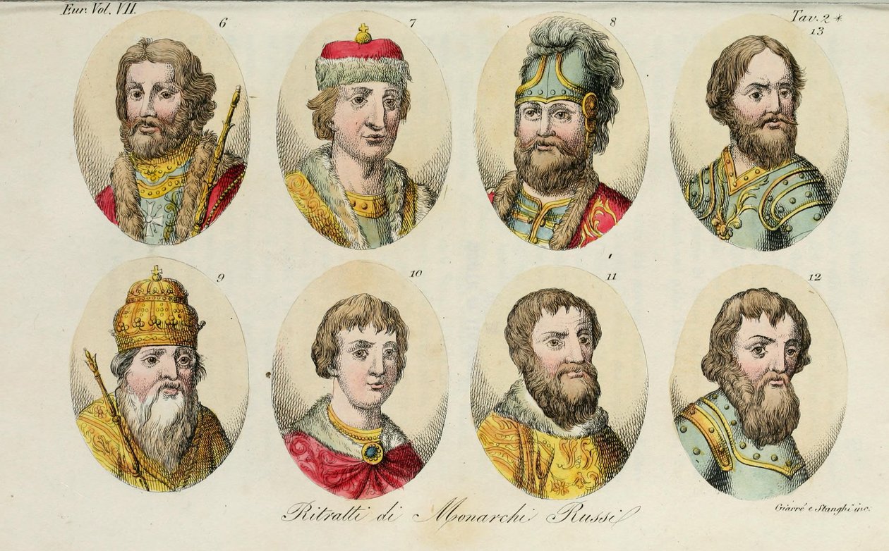 cii. Jarosław Sz. Światosław I 8. Światopełk I. Włodzimierz Monomach 10. Jurij I 11. Iwan I 12. Dmytro Donskoj 13. Iwan III, 1831 autorstwa Luigi Giarrè
