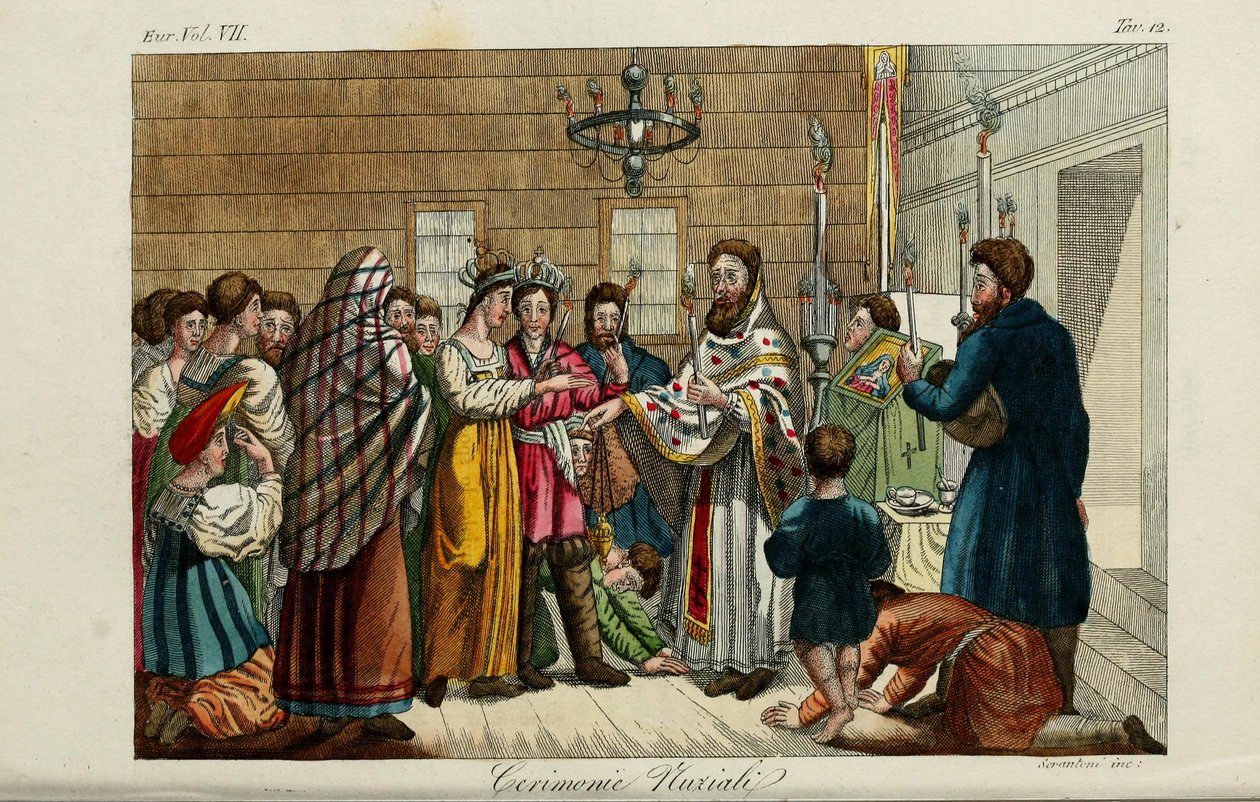 Zaręczyny. Ilustracja ze starożytnych i współczesnych zwyczajów lub historii rządu… autorstwa Giulio Ferrario, 1831 autorstwa Luigi Giarrè