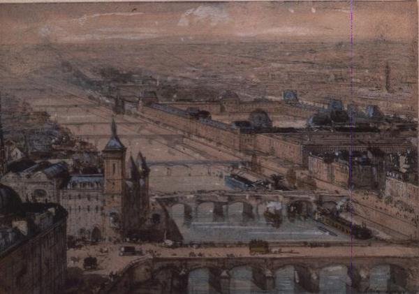 Ile de la Cite i Palais du Louvre, Paryż autorstwa Luigi Loir