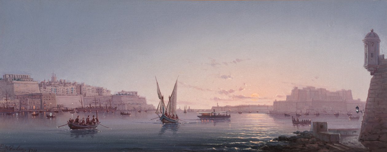 Grand Harbour, Malta, z Corrodino, 1911 autorstwa Luigi Maria Galea
