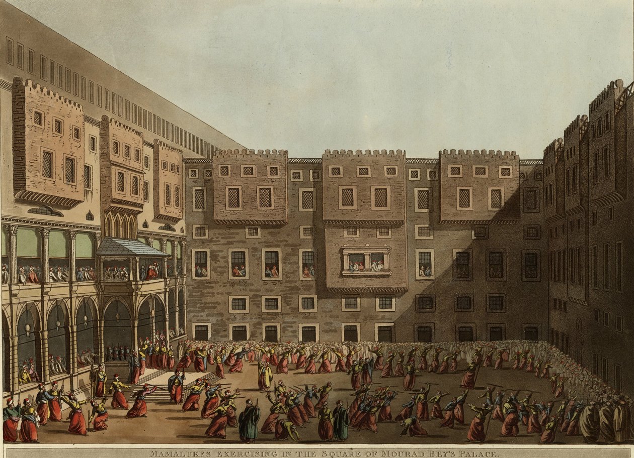 Mamelucy ćwiczący na placu Pałacu Murad Beys, 1802 autorstwa Luigi Mayer