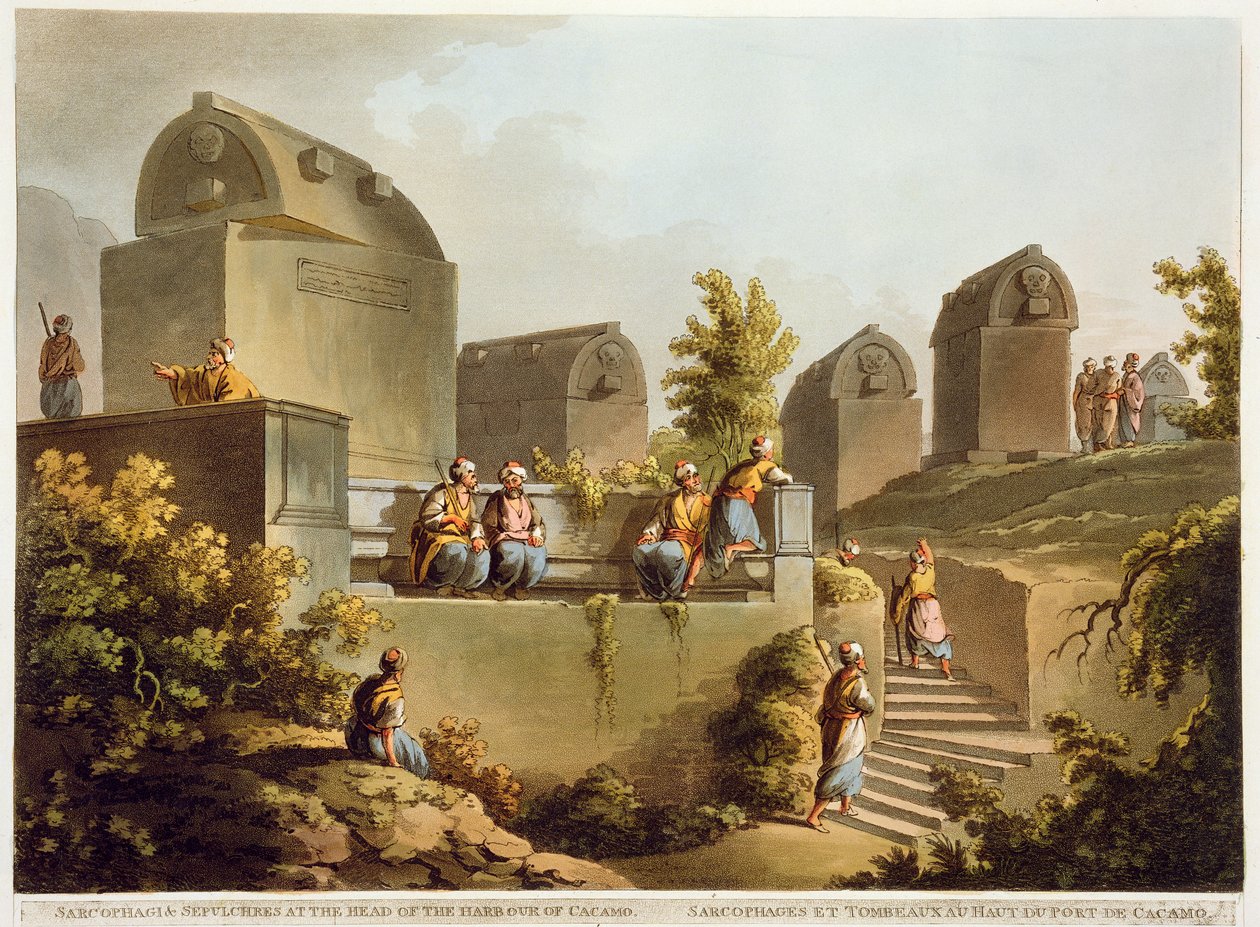 Sarkofagi i groby na czele portu w Cacamo, z „Poglądów w Imperium Osmańskim”, wydanego przez Roberta Bowyera (1758-1834) 1803 (akwatinta) autorstwa Luigi Mayer