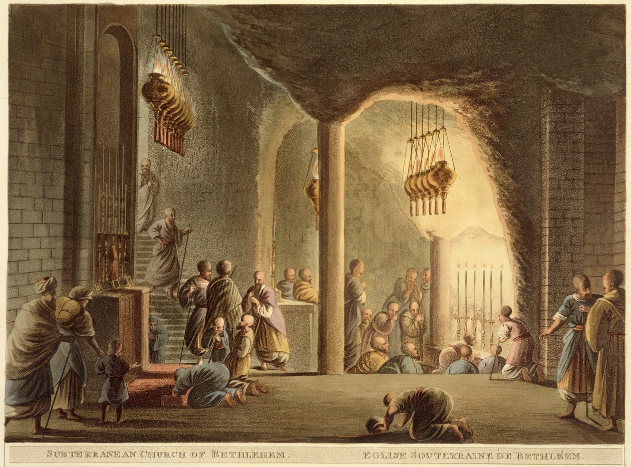 Podziemny kościół Betlejem, z „Widoków Palestyny”, tom II, wyd. R. Bowyer Historic Gallery, Londyn, 1803 (kolorowa akwatinta) autorstwa Luigi Mayer