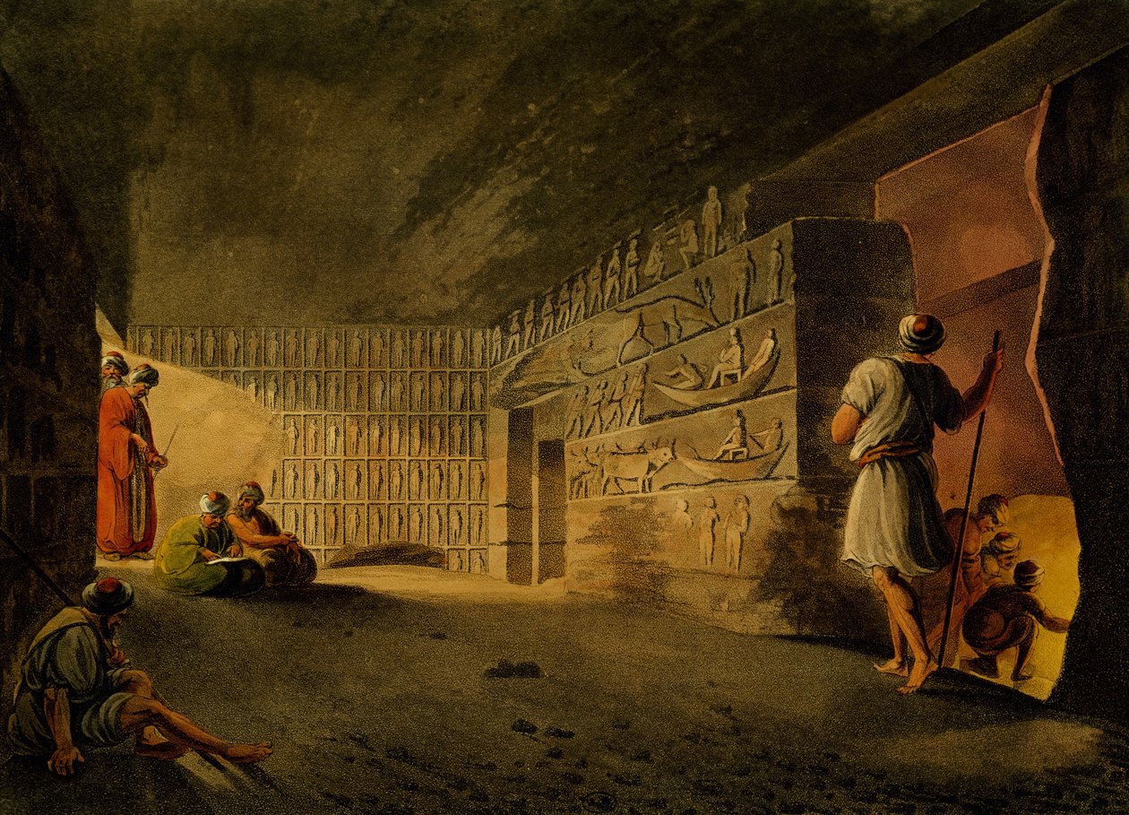 Podziemna komnata Piramidy w Gizie, rycina Luigi Mayer (1755-ca 1803), z Widoki w Egipcie, Palestynie i innych częściach Imperium Osmańskiego autorstwa Luigi Mayer