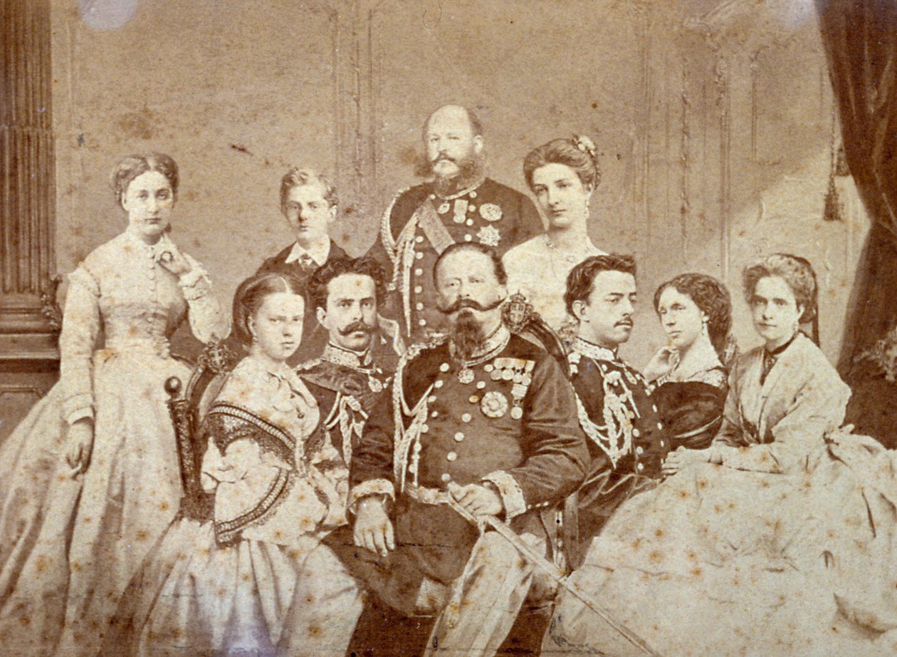Obraz przedstawia różnych członków rodziny królewskiej Sabaudii. W centrum siedzą Wiktor Emmanuel II, Umberto I i Amedeo w pełnym umundurowaniu; córki władcy i Elisabetta z Saksonii w eleganckich strojach. W tle, do autorstwa Luigi Montabone