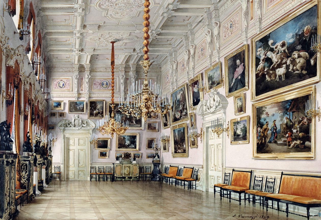 Sala taneczna w domu hrabiego Bezborodki w Petersburgu, 1849 (pióro, pędzel, wc, tusz i kolor biały na papierze, 1849 (pióro, pędzel, wc, tusz i kolor biały na papierze) autorstwa Luigi Premazzi