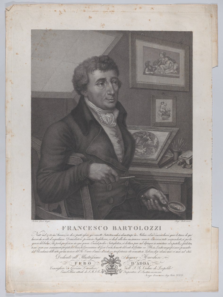 Portret Francesco Bartolozziego, siedzącego, trzymającego lupę z narzędziem do grafiki..., 1827 autorstwa Luigi Rados