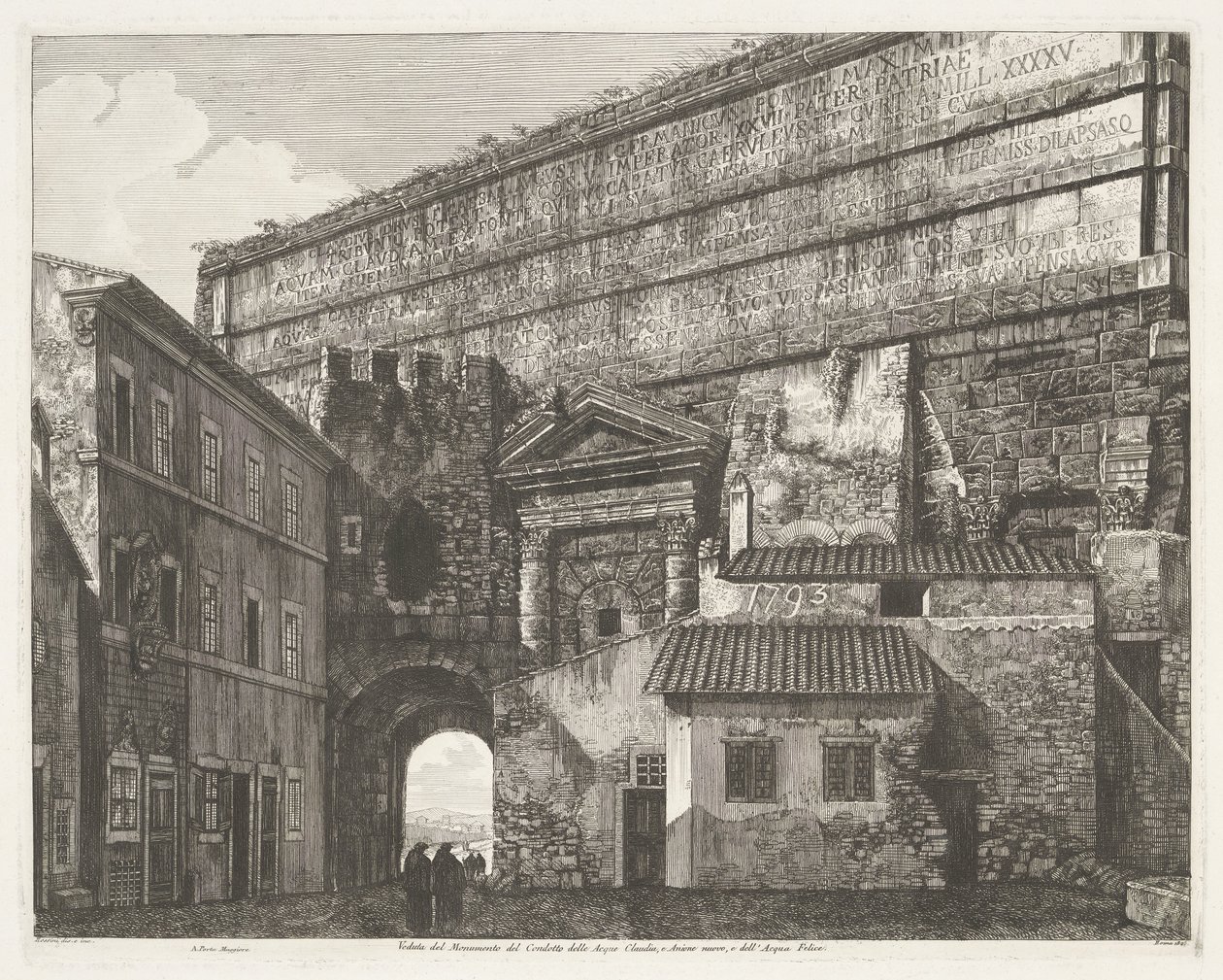Porta Maggiore w Rzymie Widok na pomnik Condotto delle Acque Claudia, Anione Nuovo i Acqua Felice (tytuł na obiekcie) autorstwa Luigi Rossini